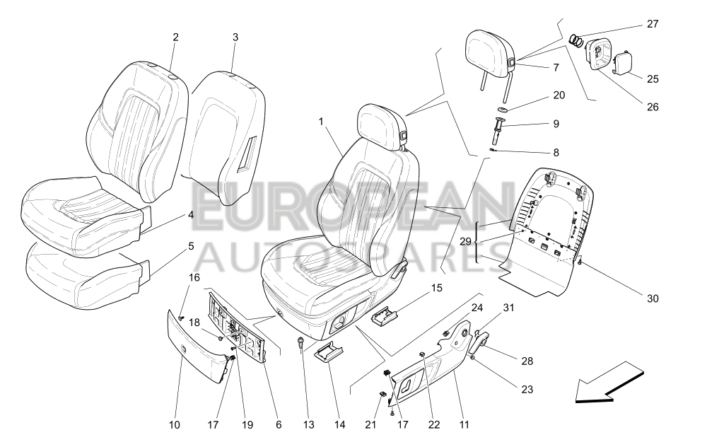 670080739-Maserati FRONT LH SEAT ASSEMBLY - ZEGNA EDITION INTERIORS 8-WAYS (FOR GHIBLI), 12-WAYS (FOR LEVANTE) POWER FRONT SEATS 8-WAYS (FOR SEDANS), 12-WAYS (FOR LEVANTE) POWER FOOTPEDALS 8-WAY POWER FRONT SEATS W/HEATING SEAT TRACK POSITION / EU CN US CD JP ME KO / RED / AMANN