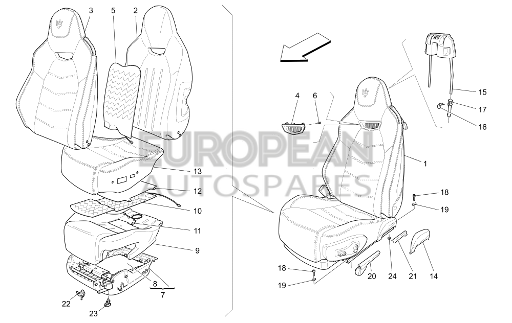 955632408-Maserati FRONT RH SEAT ASSEMBLY - Comfort Pack front seats / EU CN JP ME / 2408 - 24 - "CORALLO" RED - 094082095 - 08 - HIDE - 364015158
