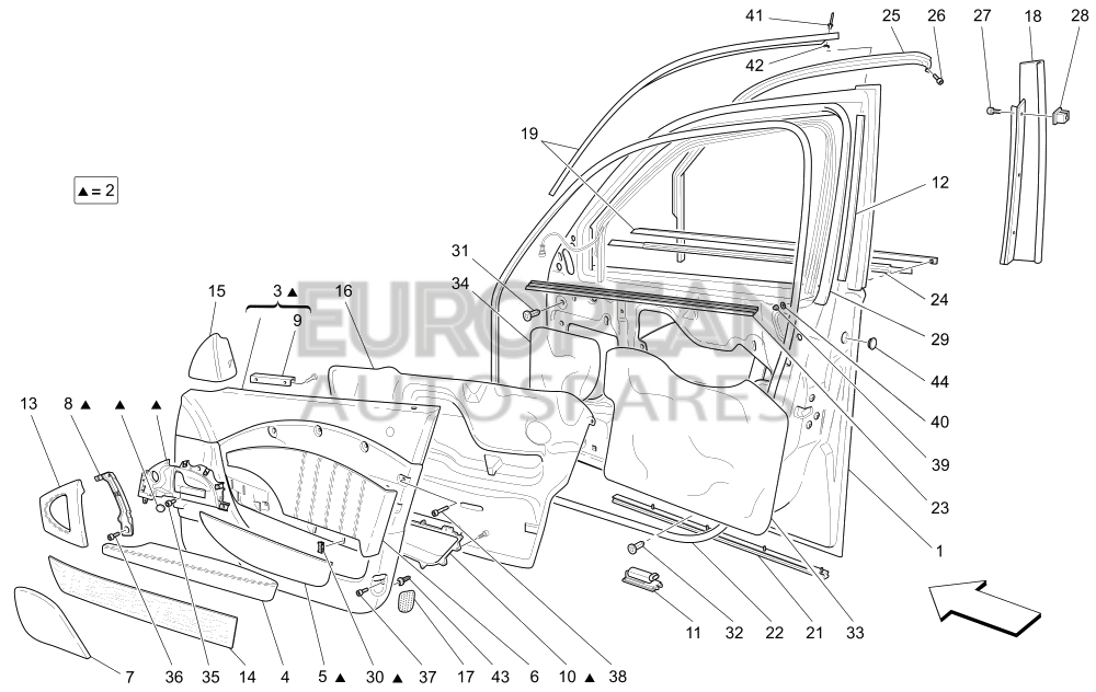 986011919-Maserati FRONT RH DOOR PANEL ASSEMBLY - Dual Colour Interior / EU CN US CD JP ME / 1919 - 19 - "SELLA" HIDE - 364015237 - 19 - "SELLA" HIDE - 364015237