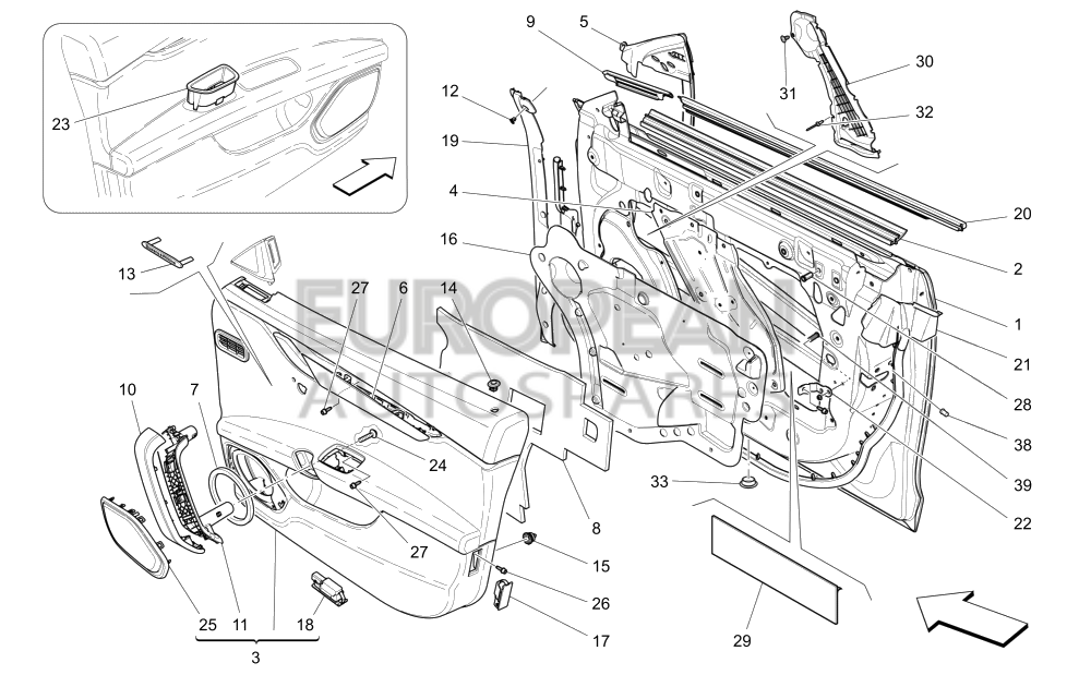 670014044-Maserati FRONT RH DOOR PANEL ASSEMBLY - FULL NATURAL LEATHER INTERIOR UPHOLSTERY AND NATURAL DRILLED LEATHER SEAT UPHOLSTERY HIGH PREMIUM SOUND SYSTEM / DOVE GREY UNDERWINDOW PANEL - DOVE GREY STITC. + SAND ARMREST - SAND STITC. + SAND DOOR - SAND STITC. + DOVE GREY LOWER PANEL