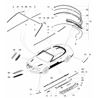 moldings for windshield, door, side and rear window, fender, door and side panels, sill panels trim strip for bumper