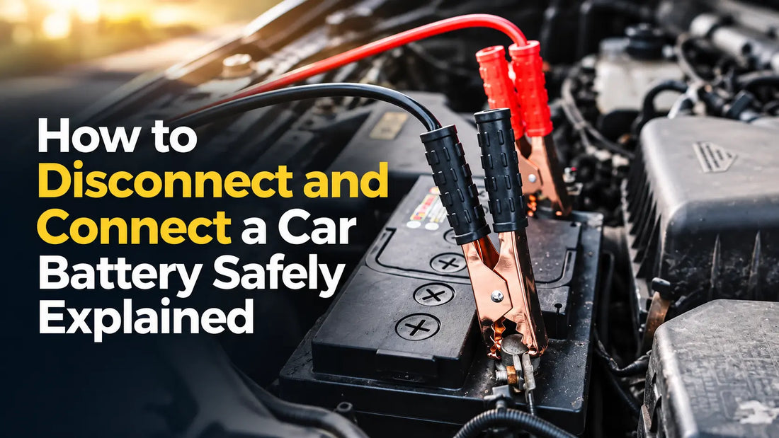How to disconnect and connect a car battery safely with battery terminals and jumper clamps in an engine bay