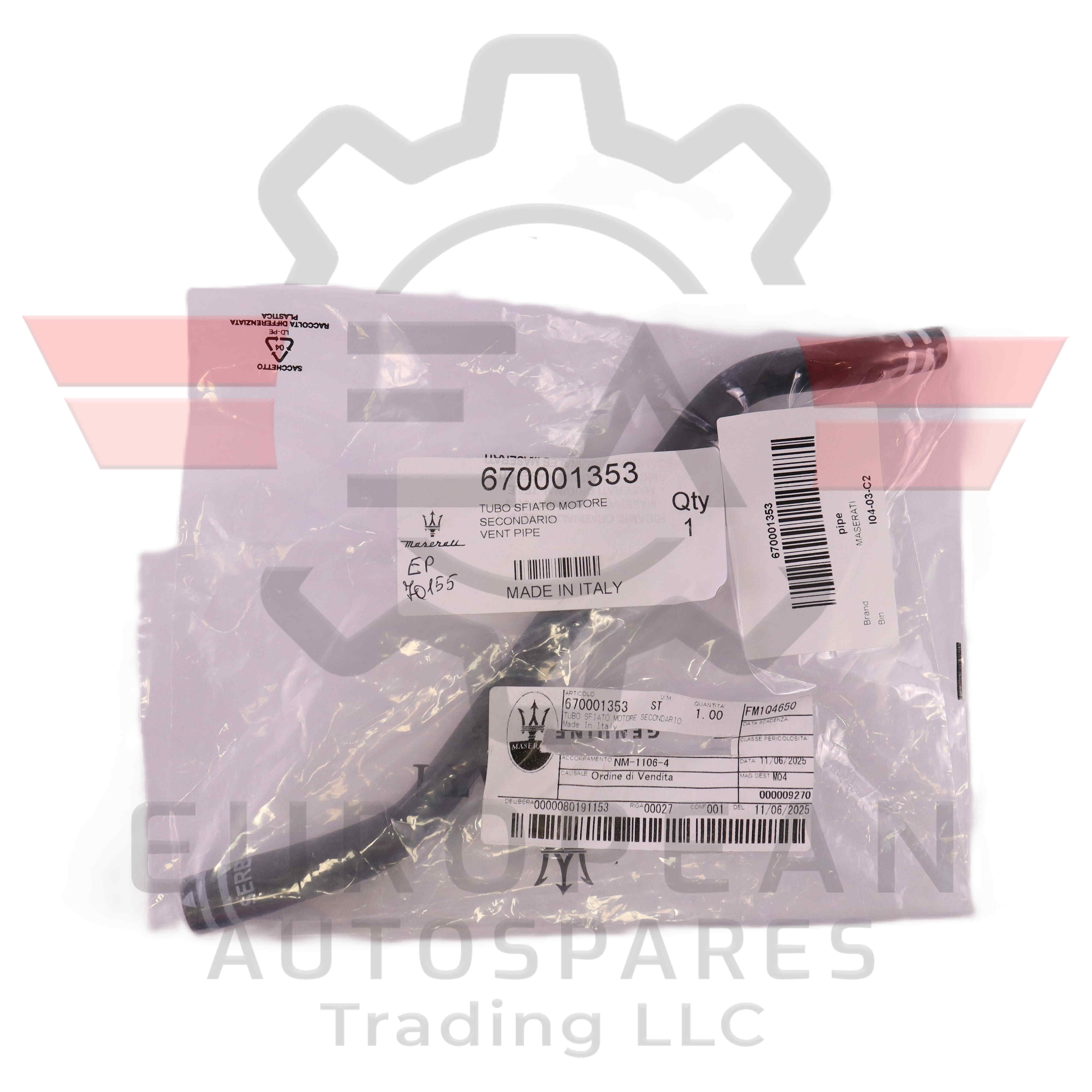 Genuine Maserati Vent Pipe 670001353 European Autospares Trading LLC