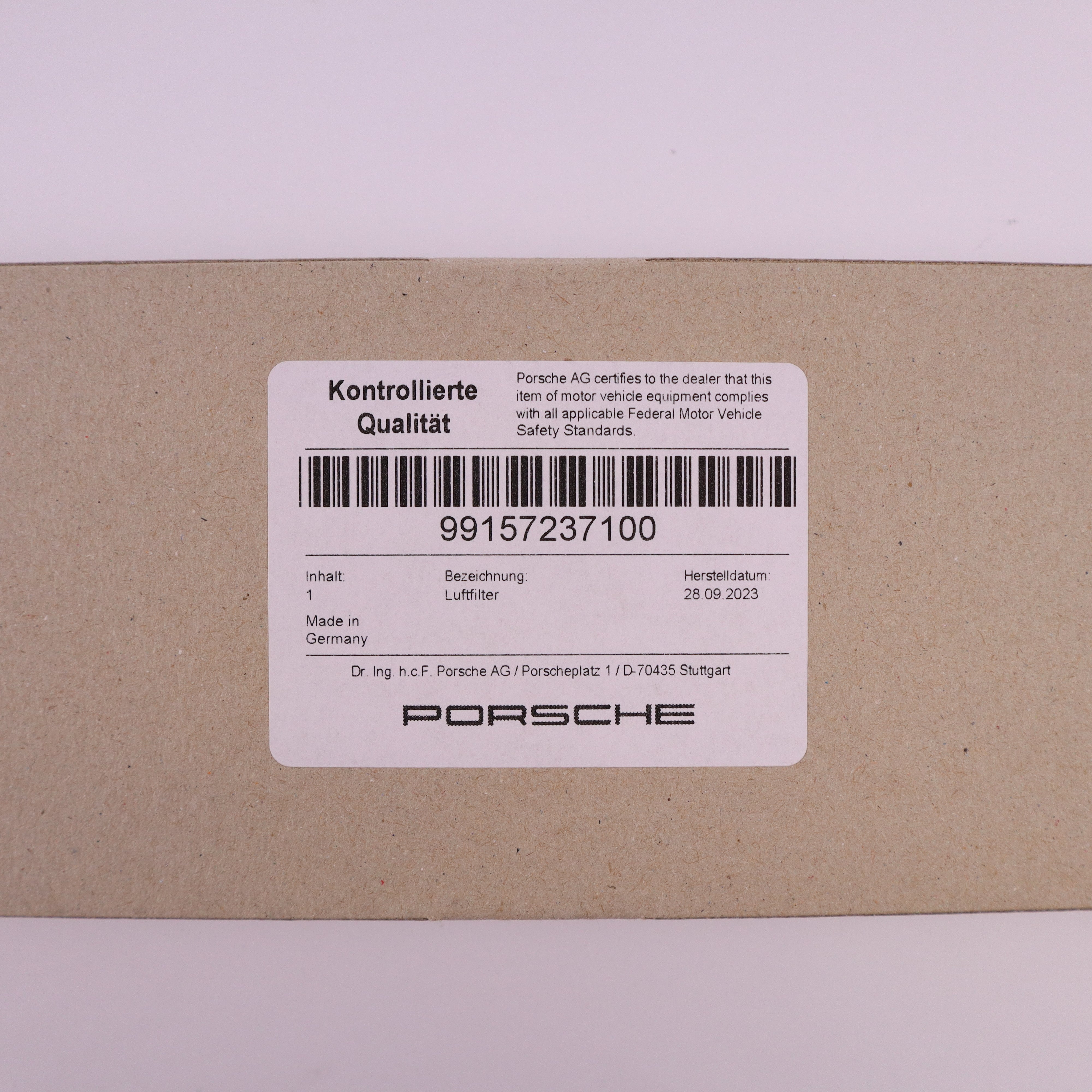 Genuine Porsche Air Cleaner 99157237100