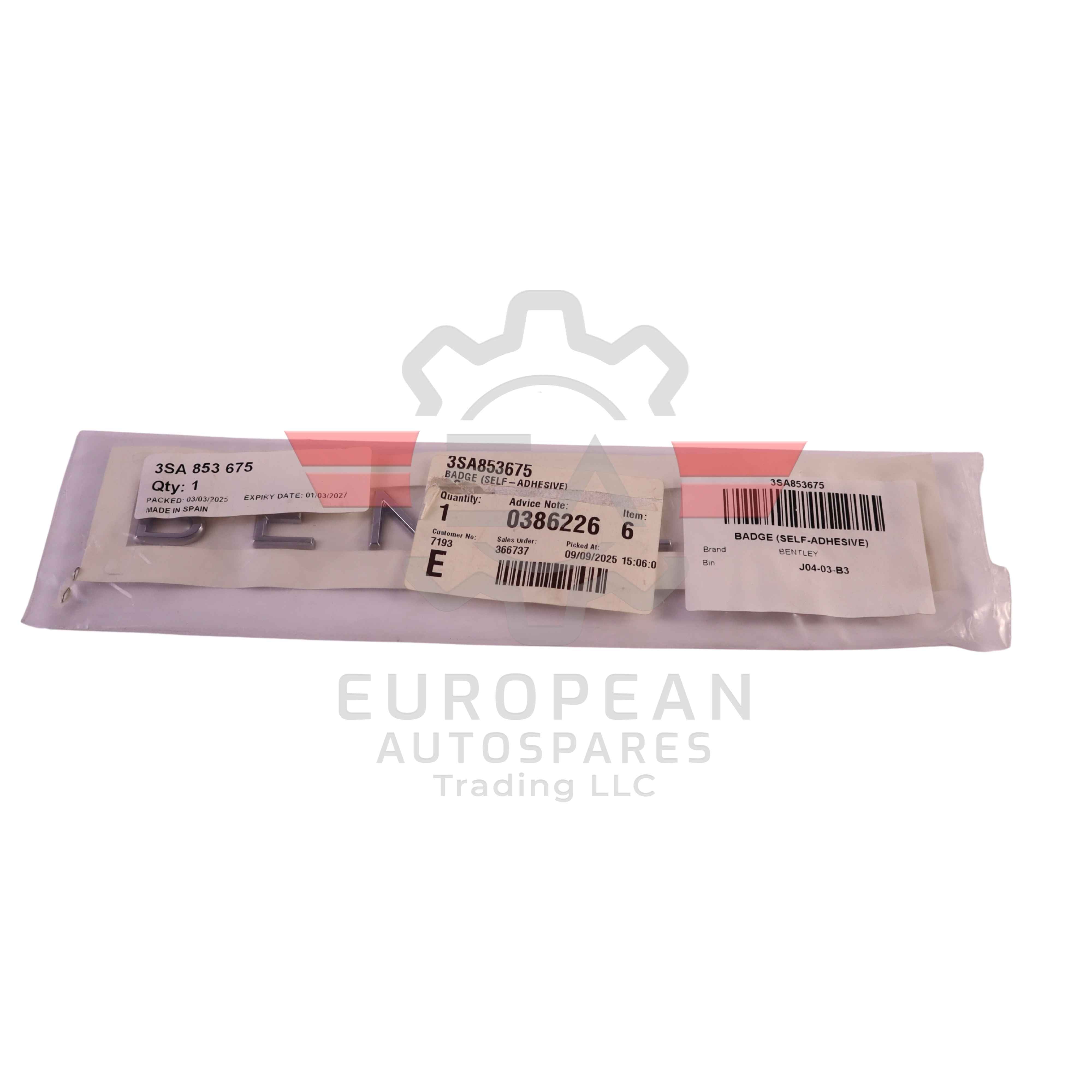 Genuine Bentley Badge (Self-Adhesive) 3SA853675 European Autospares Trading LLC