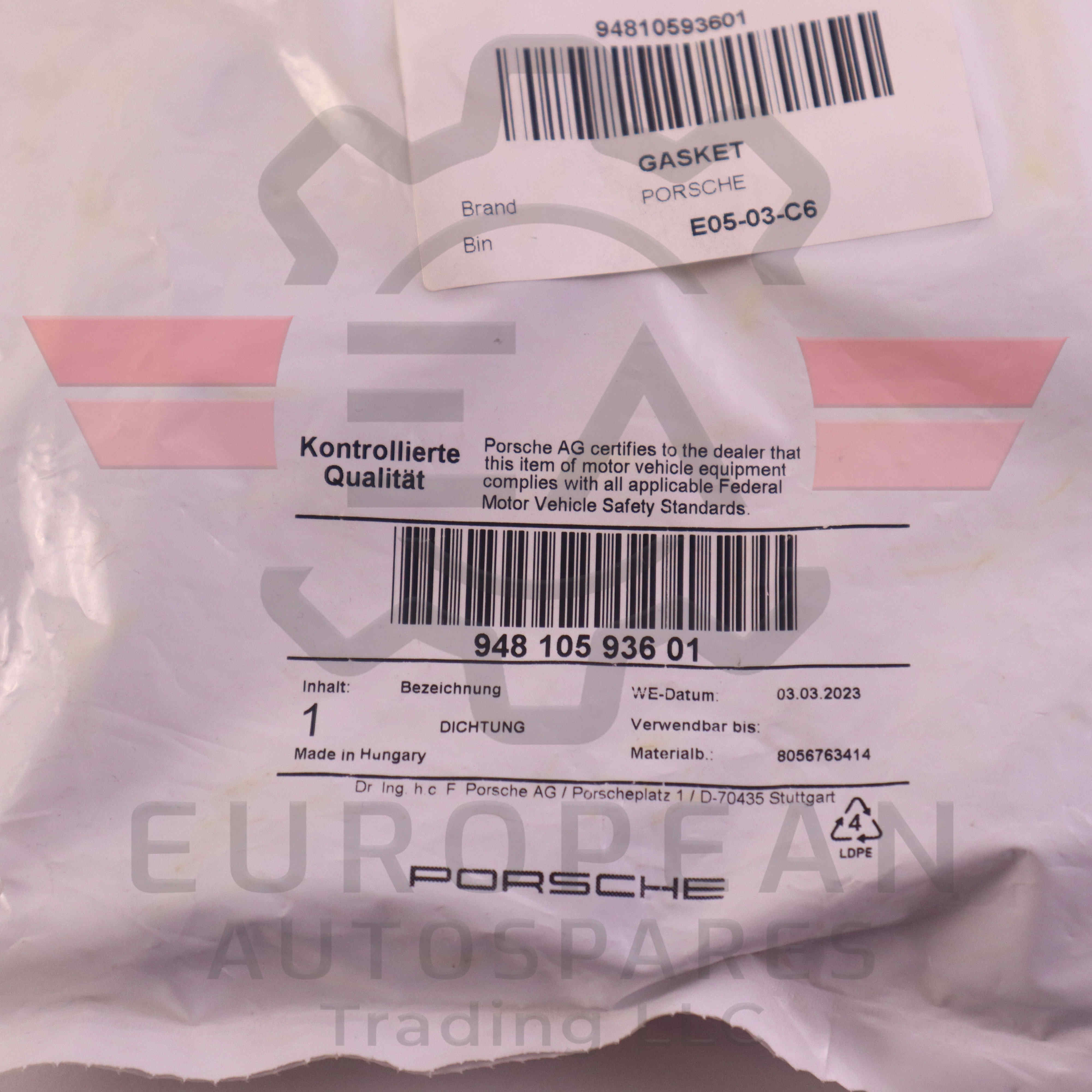 Genuine Porsche Valve Cover Gasket 94810593601 European Autospares Trading LLC