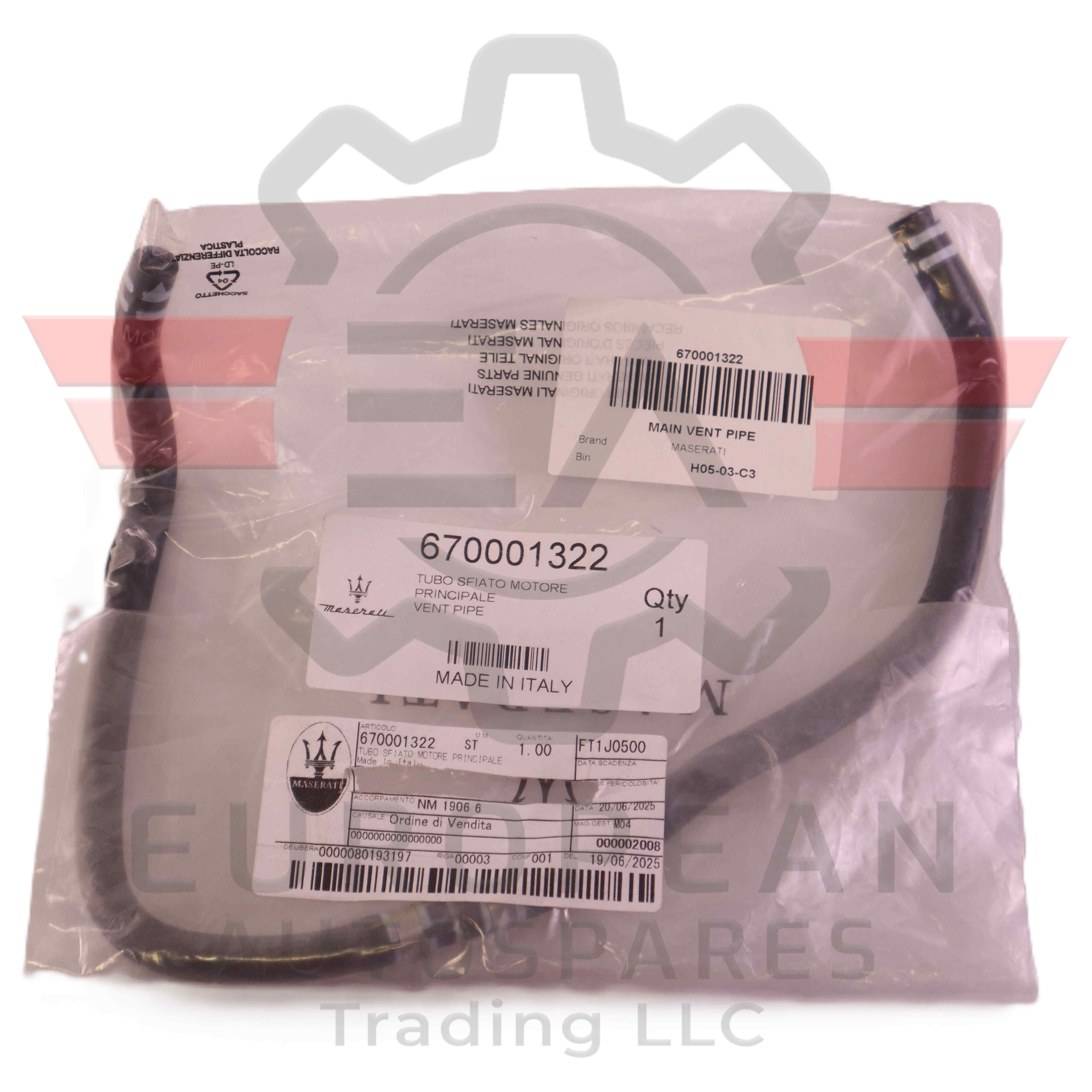 Genuine Maserati Main Vent Pipe 670001322 European Autospares Trading LLC