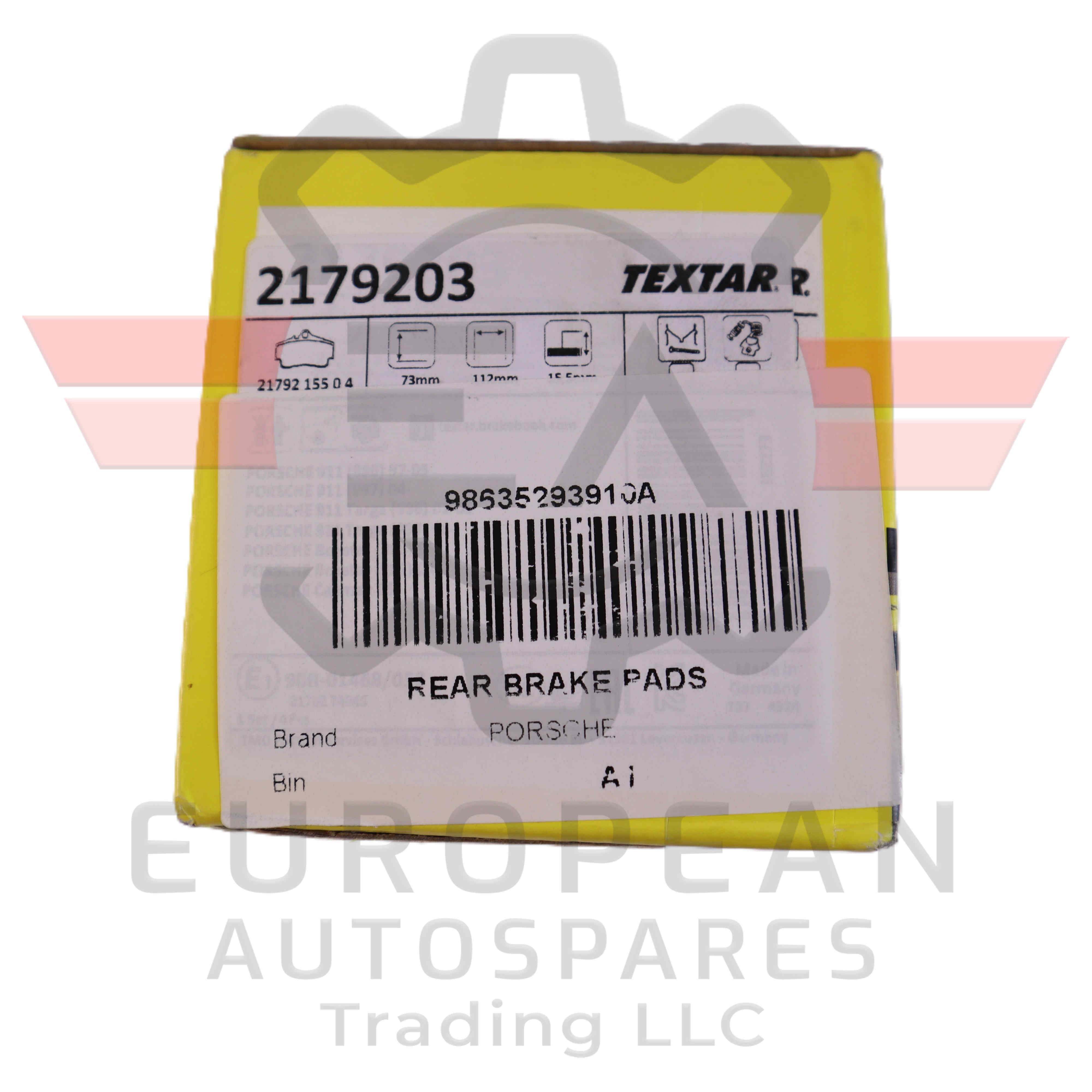 Porsche Rear Brake Pads Set 98635293910A | Genuine OEM European Autospares Trading LLC